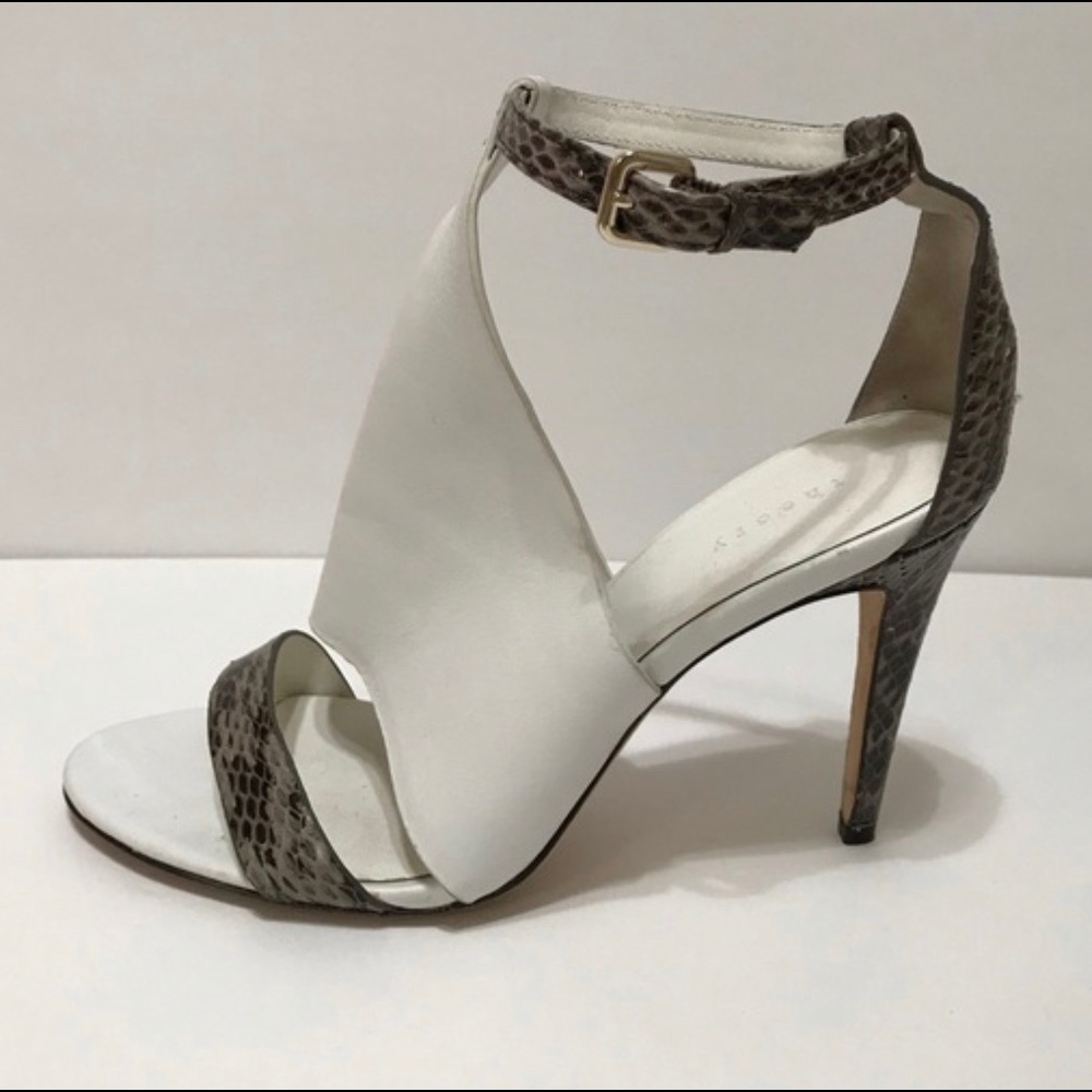Theory White Leather Snake Print Open Toe Heels